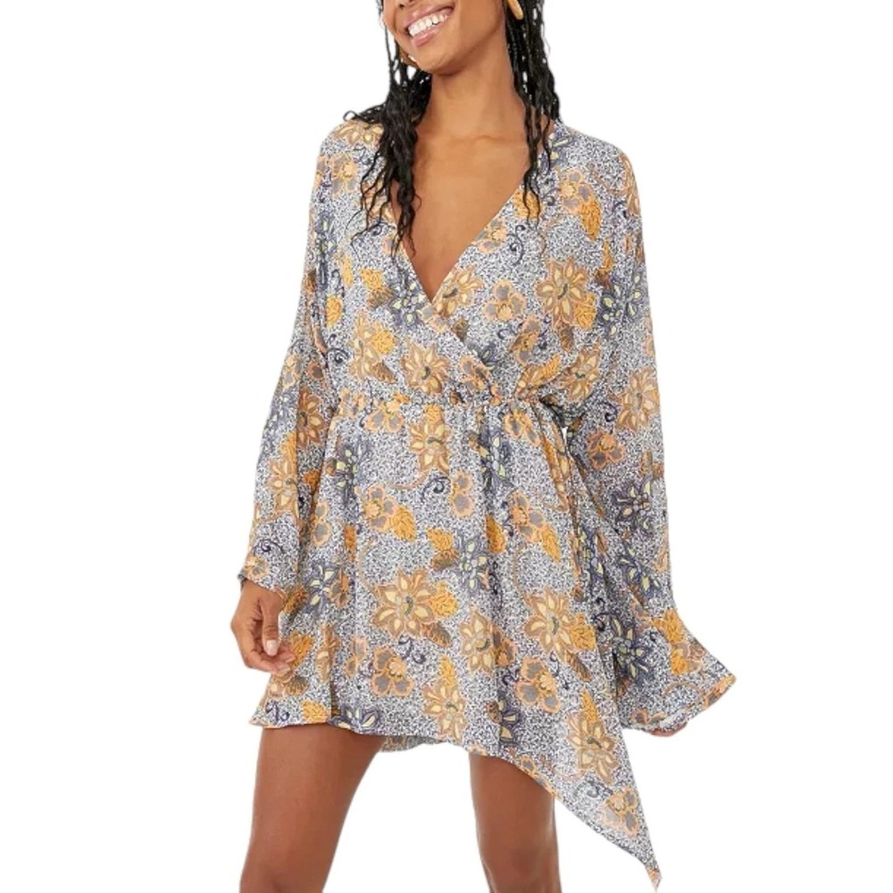 Free People Teegan Floral Mini Dress Size XS Blue Sky Combo Long Sleeve NWT